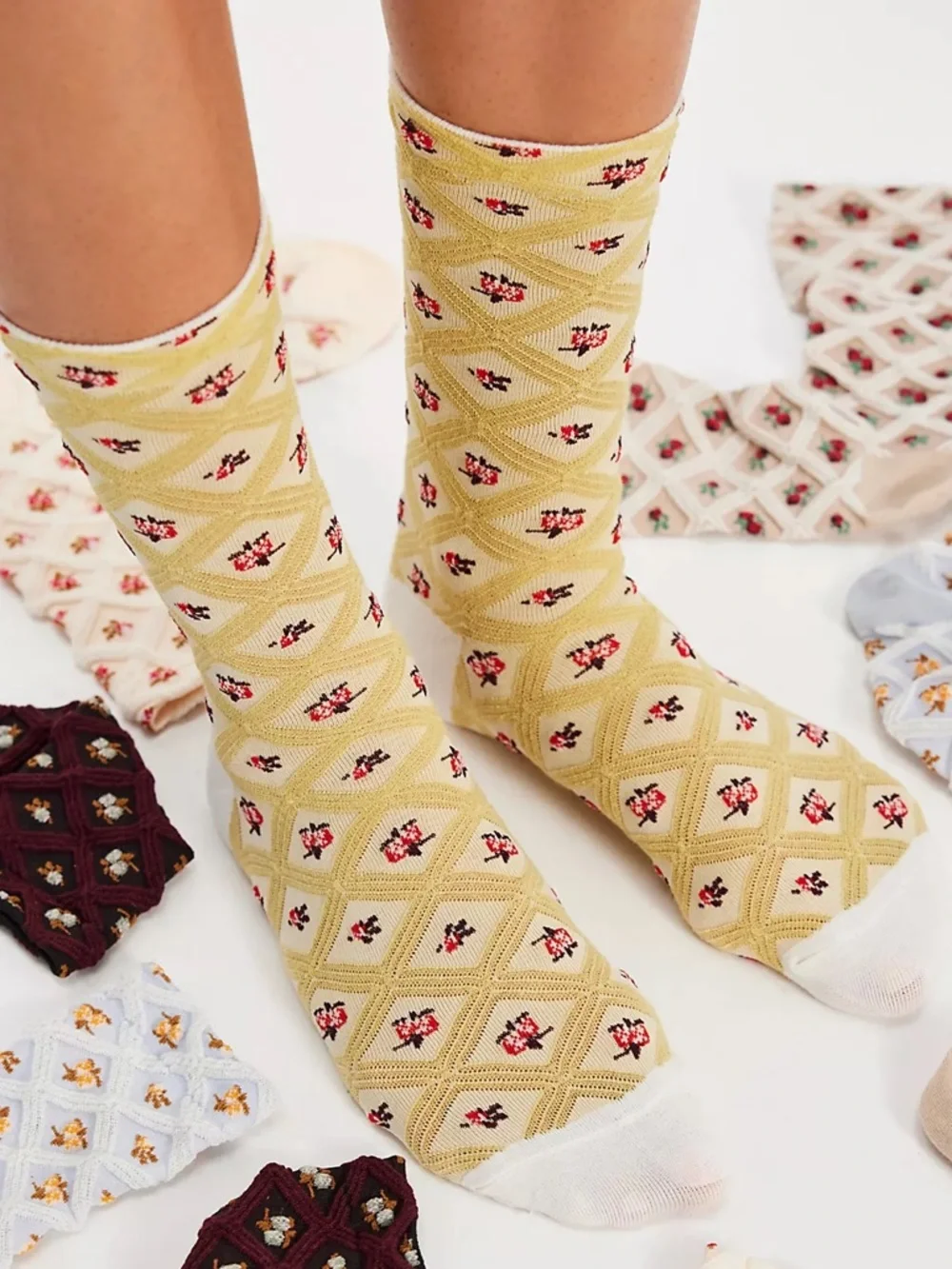 Free People Yellow Floral Diamond Socks